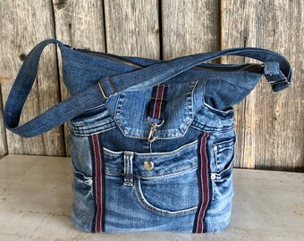 Sac en jeans, sac durable de taille moyenne en jeans recyclés, sac à bandoulière, sac crossbody, sacs en denim bleu moyen avec fond