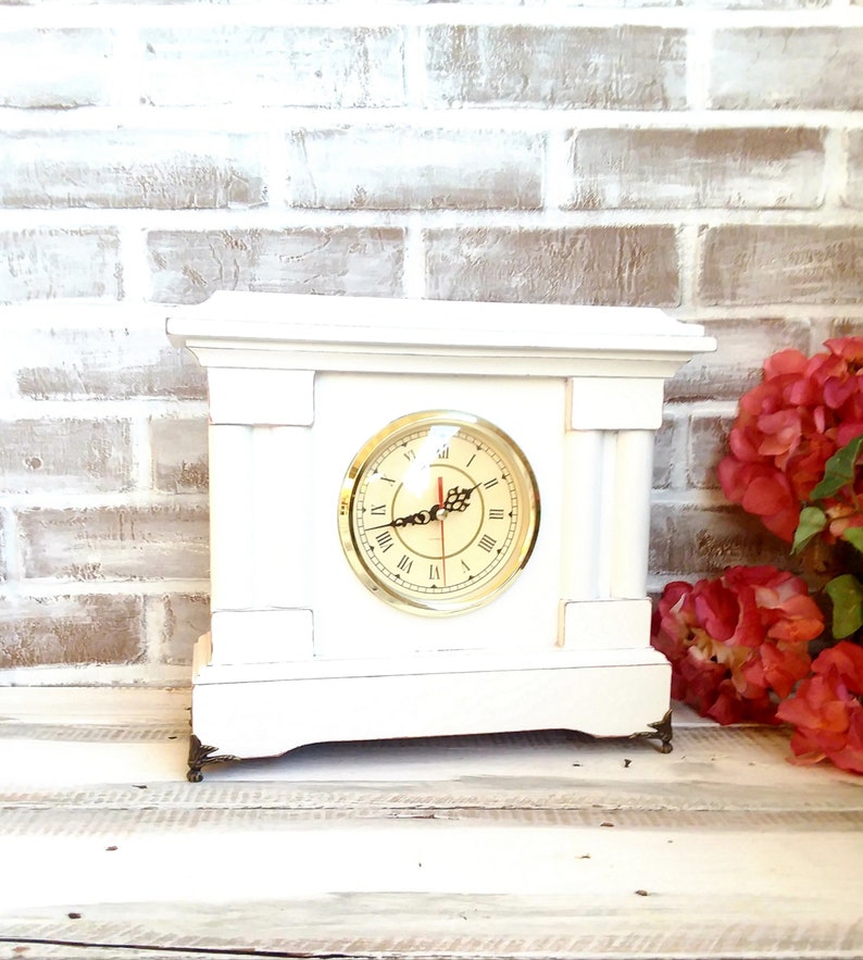 Shabby Chic White Mantel Clock Vintage Wooden Clock Painted Etsy