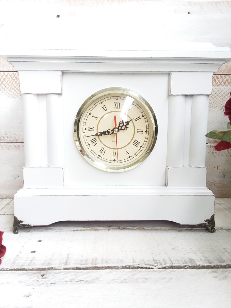 Shabby Chic White Mantel Clock Vintage Wooden Clock Painted Etsy