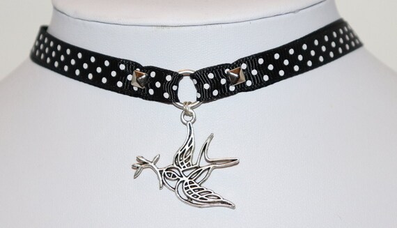 Collier Shocker à Pois Rockabilly Hirondelle Old School Swallow And Polka Dots Ribbon Pin Up Pinup Psychobilly Punk Custom Biker