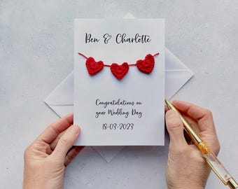 Personalised wedding card with crochet hearts - Keepsake wedding card gift