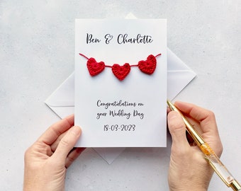 Personalised wedding card with crochet hearts - Keepsake wedding card gift