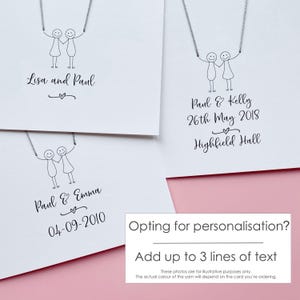 May include: White cards with a drawing of two stick figures holding hands, connected by a silver chain. The cards have names and dates written on them, such as "Lisa and Paul" and "26th May 2018". The text "Opting for personalisation?" is also visible.
