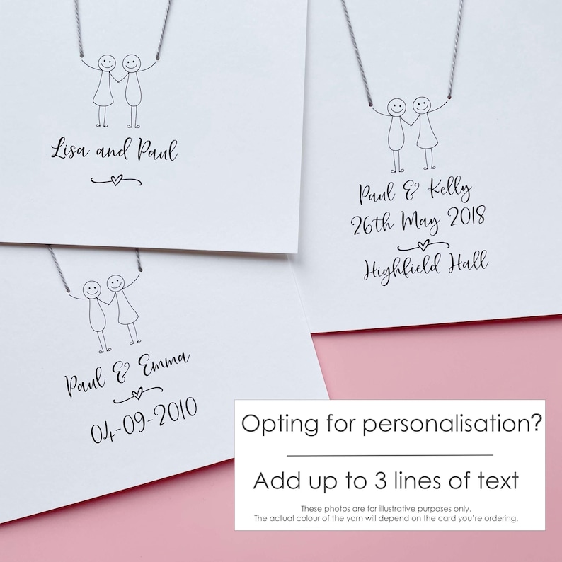 May include: White cards with a drawing of two stick figures holding hands, connected by a silver chain. The cards have names and dates written on them, such as "Lisa and Paul" and "26th May 2018". The text "Opting for personalisation?" is also visible.