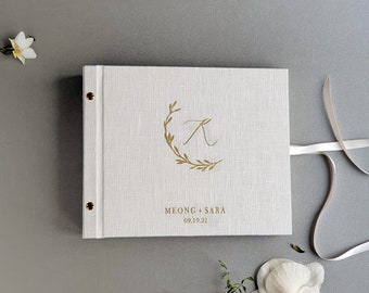 Wedding guest book with photo slots or double-sided stickers, Blank pages available, High quality linen guest book