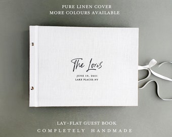 Lay flat wedding guest book, Wedding instax guestbook with pockets for polaroids, BLACK pages, pure linen photo album