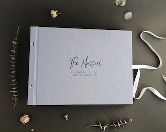 Dusty blue wedding guest book , Blank pages available in natural white or black colour