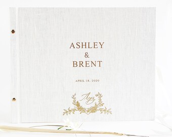 White linen wedding guestbook with gold foil lettering, Large Guest Album, Custom personalized instax guest book, for Photobooth pictures