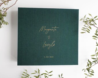 Dark Green Linen Wedding Guest Book, Personalized Photo Album (Instax/Polaroid/Photo Booth)
