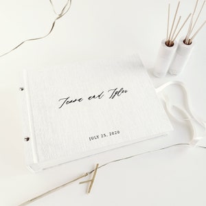 Minimalist linen guest book with blank pages or with pockets for instax photos and polaroids, gift ideas 2021  for a couple