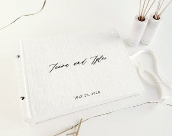 Minimalist linen guest book with blank pages or with pockets for instax photos and polaroids, gift ideas 2021  for a couple