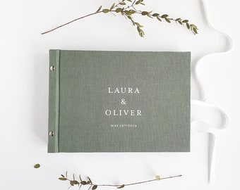 Dark Sage Linen Wedding Guestbook, Fuji Instax Polaroid Photo Album Pages with Pockets
