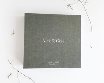 Personalized Wedding Guest Book, Lay-flat guest album in Dried Thyme color