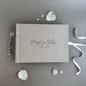 Linen guest book, Dark Moss Green guest book with pockets for Instax and Polaroid ® photos , Personalized gift for a couple image 1