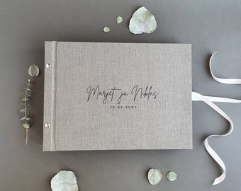 Linen guest book, Dark Moss Green guest album with pockets for Instax and Polaroid ® photos, Personalised gift for a couple