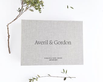 Minimalist wedding guest book with pockets for Instax and Polaroid photos, Personalized first page. Thick pages
