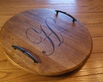 Monogrammed Bourbon Barrel Lid Serving Tray: Laser Engraved Oak