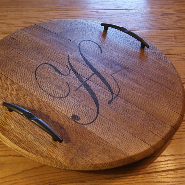 Monogrammed Bourbon Barrel Lid, Laser Monogrammed Oak Bourbon Barrel Serving Tray with optional Lazy Susan, Barrel Head Serving Tray