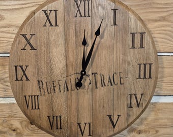 Buffalo Trace Bourbon Barrel Lid Clock: Laser Engraved Wood