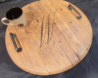 Monogrammed Bourbon Barrel Lid Serving Tray: Laser Engraved Oak