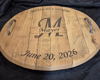 Monogrammed Oak Bourbon Barrel Serving Tray: Engraved Lazy Susan Option