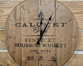 Calumet Farm Bourbon Barrel Lid Clock: Laser Engraved Whiskey Decor