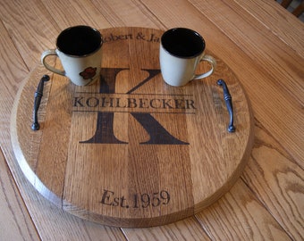 Monogrammed Oak Bourbon Barrel Serving Tray: Engraved Lazy Susan Option