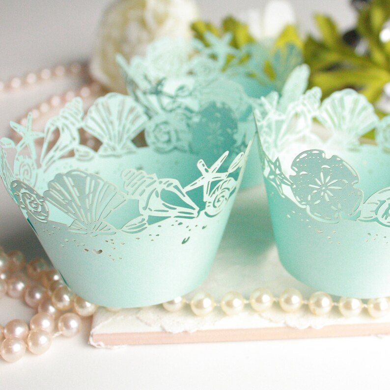 Blue Seashell Cupcake Wrappers For Standard Or MINI Size Blue Seashell Cupcake Wrappers For Standard Or MINI Size