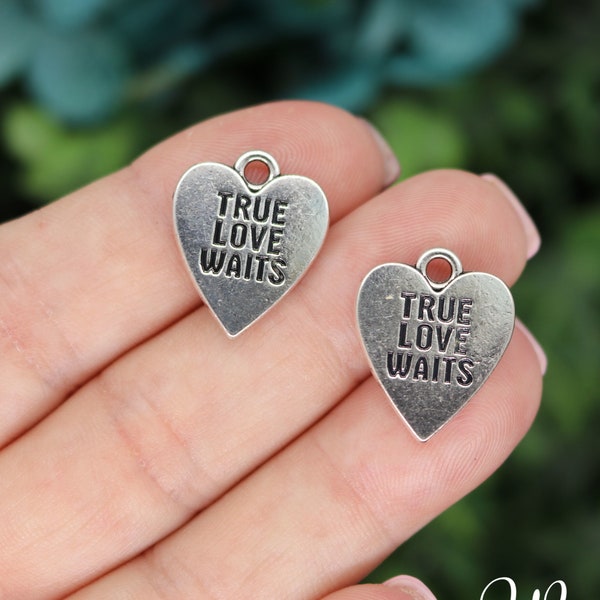 2 True Love Waits Heart Charms, 2 Sided, Silver Tone Charms (J-94)