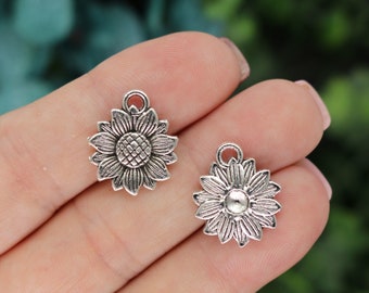 4 Silver Sunflower Charms, Silver Tone Charms (A-46)