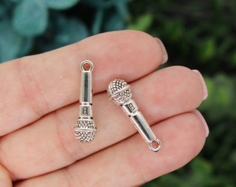 6 Microphone Charms, Silver Tone Charms (D-146)