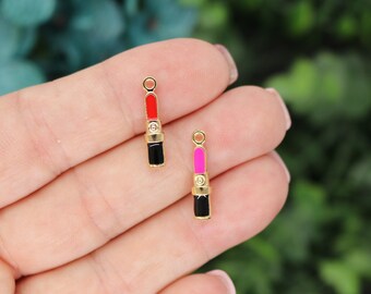 4 Red or Fusha Lipstick Charms, 3D, Gold Plated Enamel (D-43)