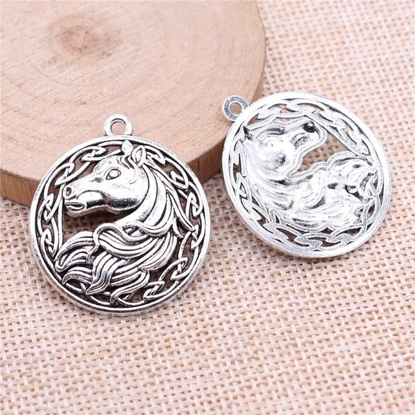 Silver Horse Pendant Charms, 34x 30mm, Silver Tone Charms (O-52)