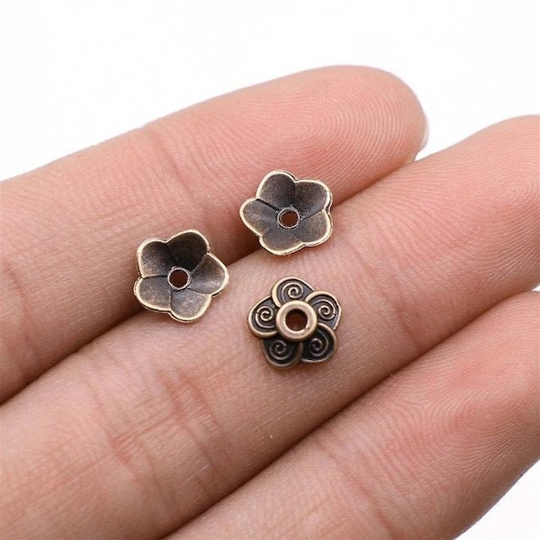 50 Flower Bead Caps, 8mm Bead Caps, Antique Copper Tone (M-218)