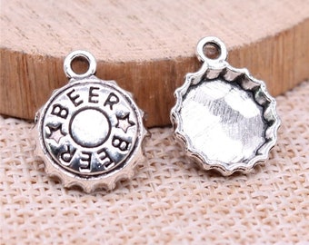 8 Silver Beer Cap Charms, Great Detail, 17x14mm, Silver Tone Charms (A-58)