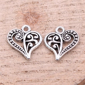 10 Silver Heart Charms, 2 Sided, 15x14mm, Silver Tone Charms (A-240)