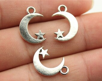 BULK 40 Silver Moon and Star Charms, Silver Tone Charms (L-149)