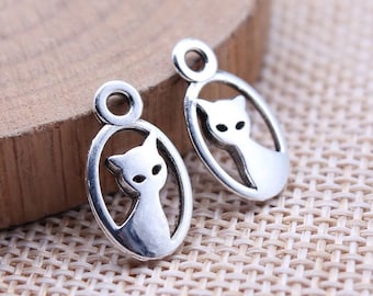 10 Silver Cat Charms, 9x16mm, Silver Tone Charms (E-167)