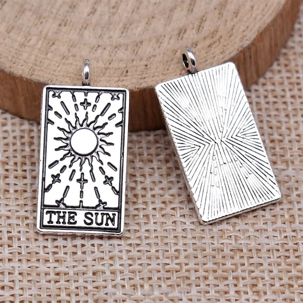 2 Silver Sun Tarot Card Charm, 26x13mm, Silver Tone Charms (H-177)