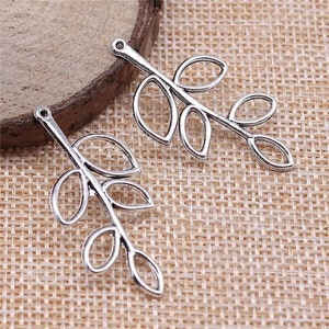 6 Silver Open Leaf Charms, 37x19mm, Silver Tone Charms (P-47)