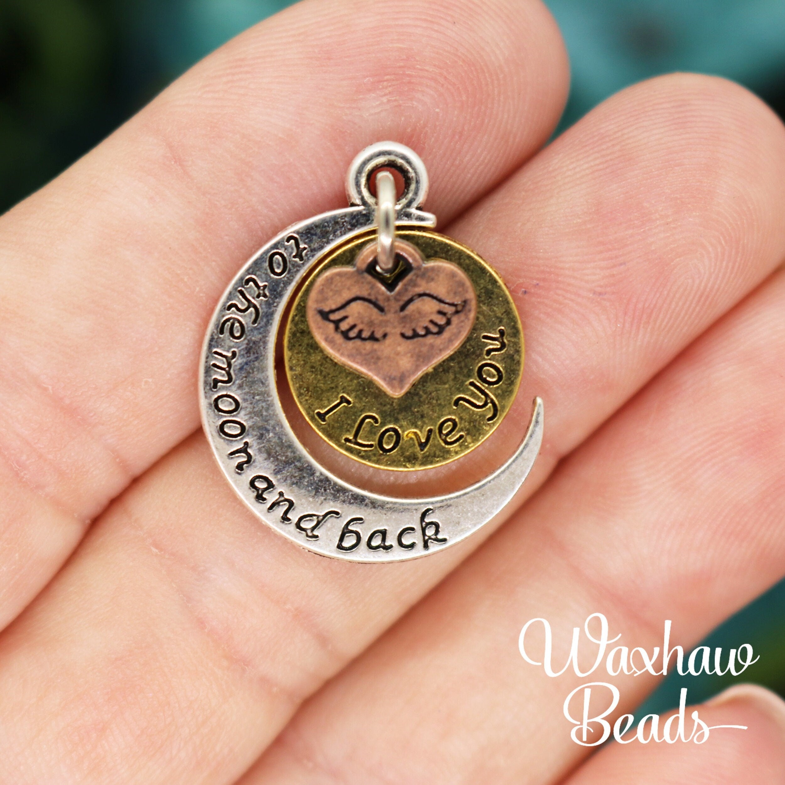 1,5 Sun and Moon Heart Charms, Antique Gold, Silver Copper Tone Charms (F-177)