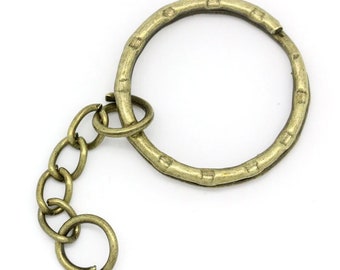 6 Bronze Key Chain Rings, 53mm with Chain, Bronze Tone (T-61)