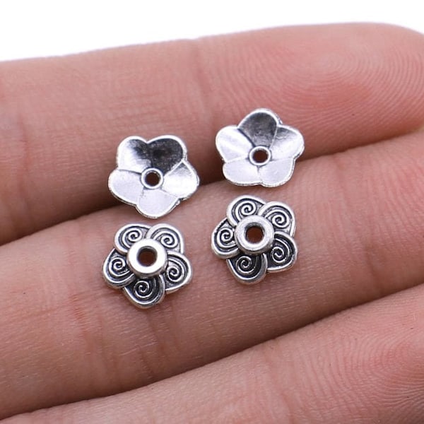 50 Silver Flower Bead Caps, 8mm Bead Caps, Antique Silver Tone (Q-4)