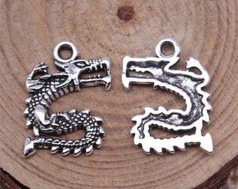 8 Silver Dragon Charms, 17x13mm, Silver Tone Charms (L-207)