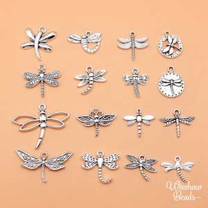 BULK 16 Silver Set of Dragonfly Charms, Mixed Lot of Charms (F-92)