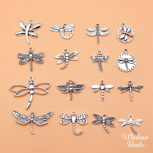 BULK 16 Silver Set of Dragonfly Charms, Mixed Lot of Charms (F-92)