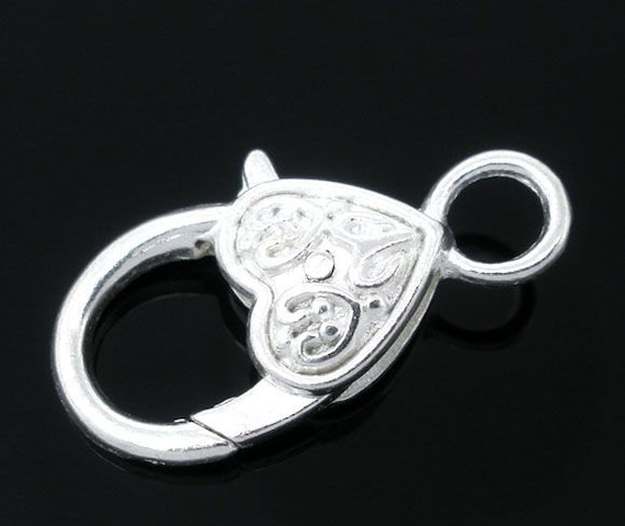2, 10 Bulk Silver Heart Lobster Clasp, 25x13mm, Silver Plated Clasps (S-70)