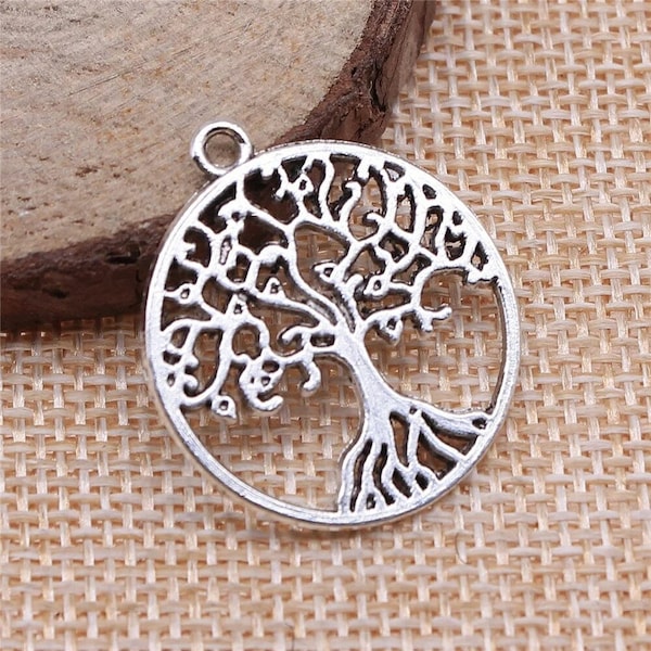 4 Silver Tree of Life Charms, 2 Sided, 25mm, Silver Tone Charms (O-31)