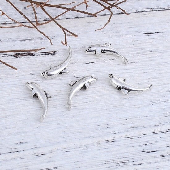 8 Silver Dolphin Beads, 23x10mm, Antique Silver Tone Beads (A-59)
