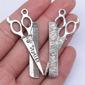 2 breloques en argent pour peigne, breloques pour coiffeur, 24 x 53 mm, breloques argentées (A-220)